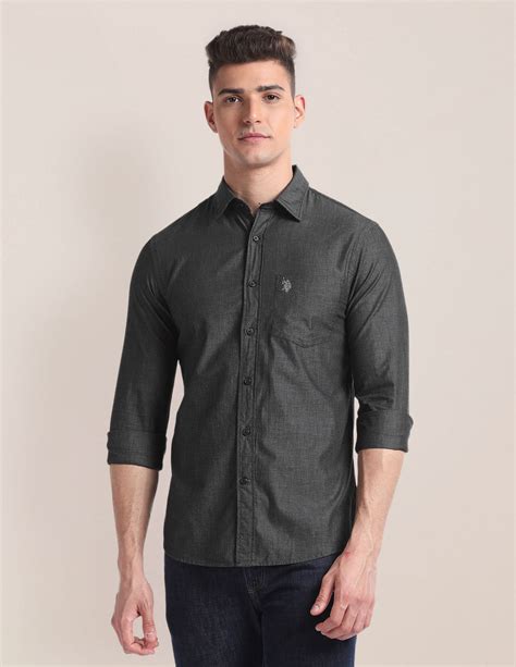 Buy Men Premium Cotton Patterned Shirt Black|U.S. Polo Assn