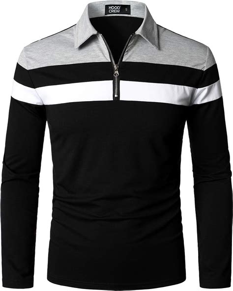 HOOD CREW Mens Casual Long Sleeve Polo Shirts Contrast Color Patchwork ...